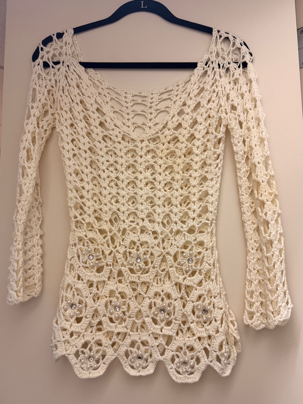Vintage Crochet Pearl-Embellished Cream Top